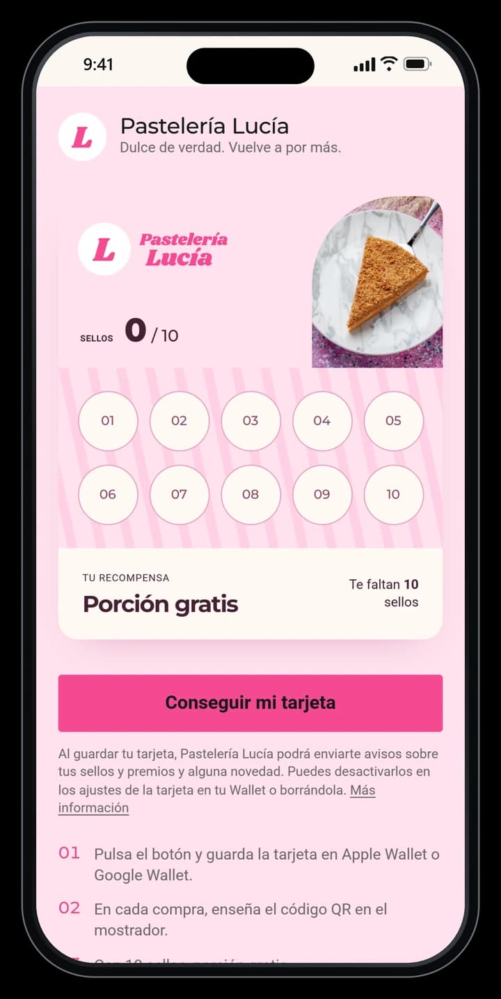 El cliente escanea el QR del mostrador y ve la tarjeta de la cafetería lista para guardar
