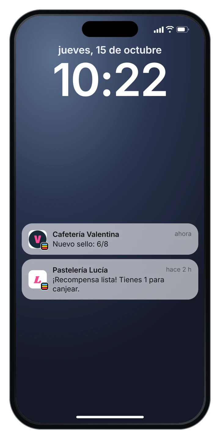 Notificaciones de nuevo sello y de recompensa lista en la pantalla de bloqueo del cliente