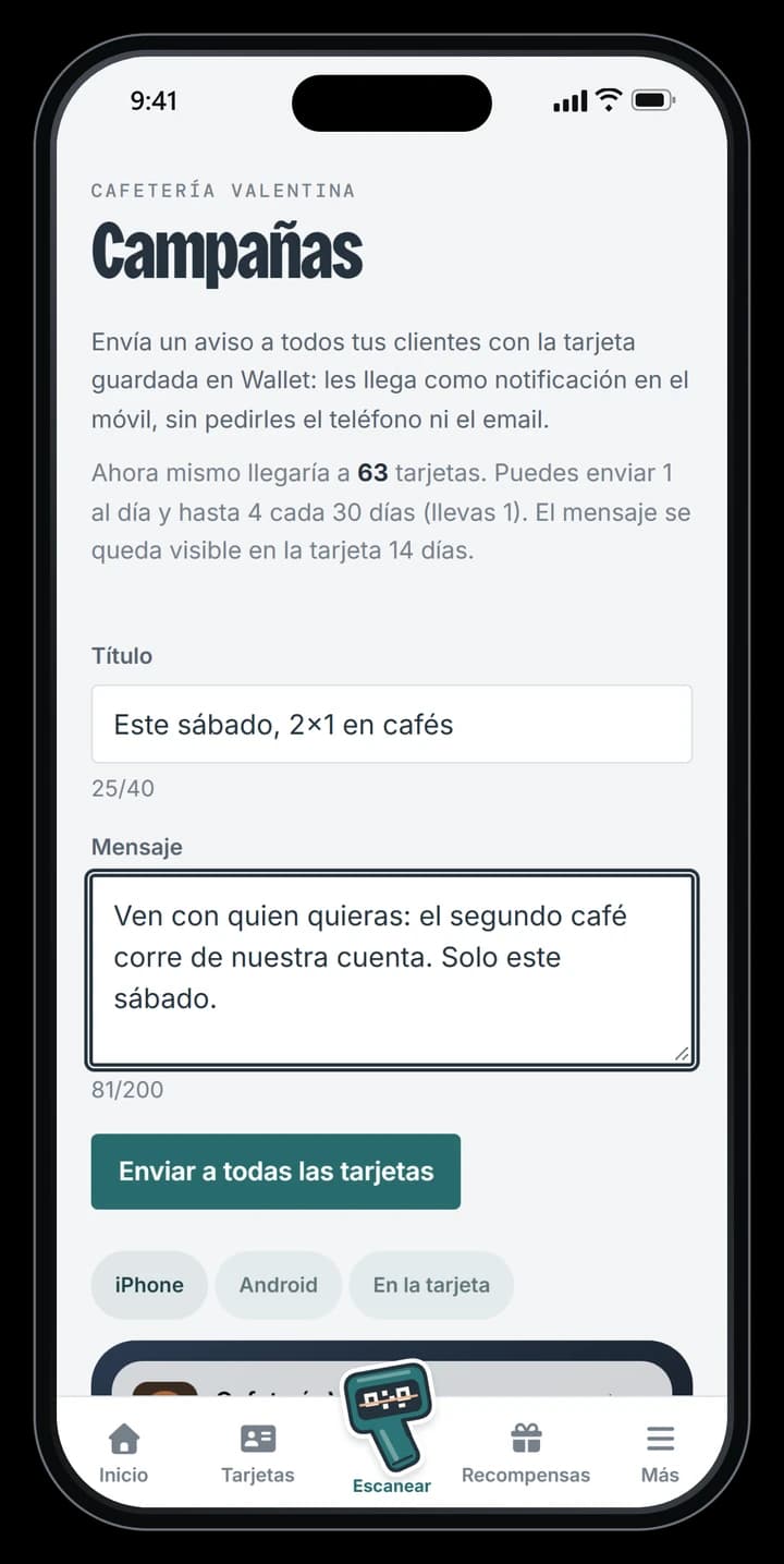 Pantalla de campañas con un aviso de 2x1 listo para enviar
