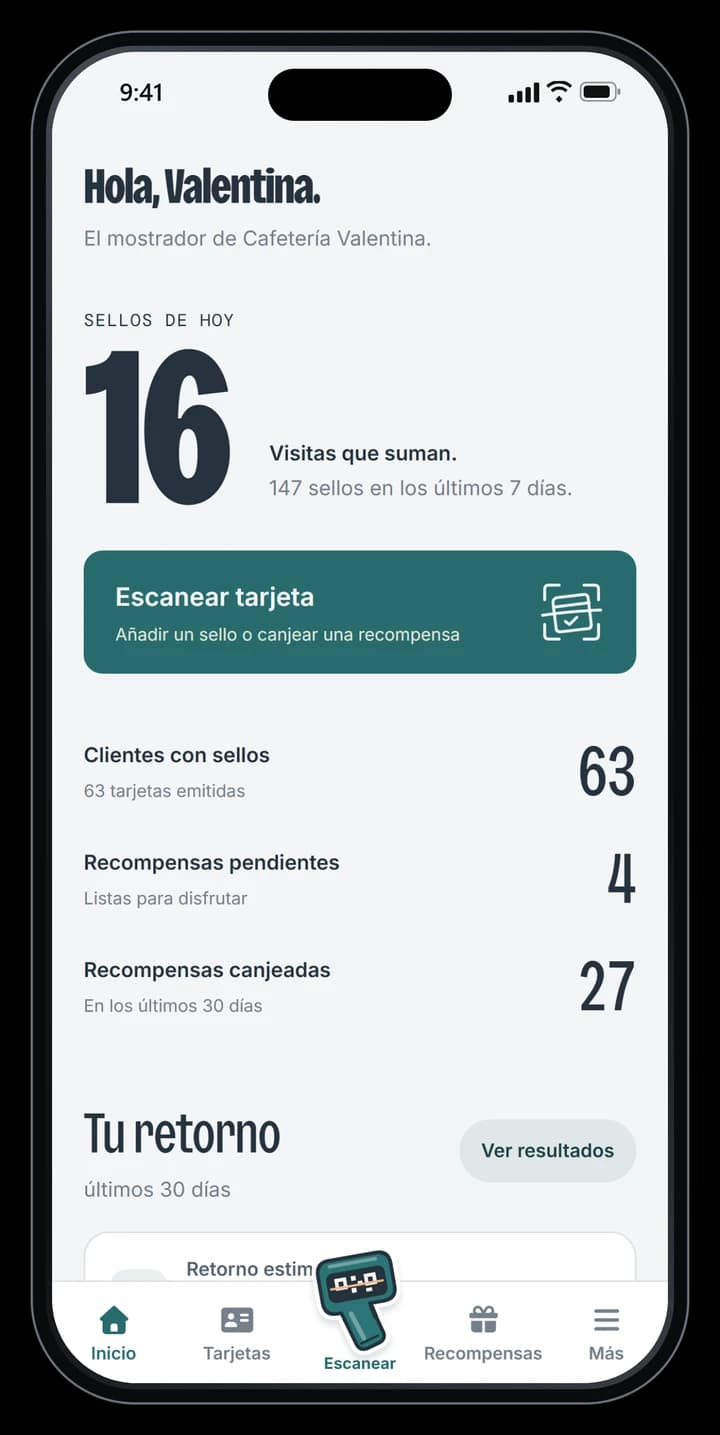 Inicio del panel: sellos de hoy, clientes con sellos y recompensas